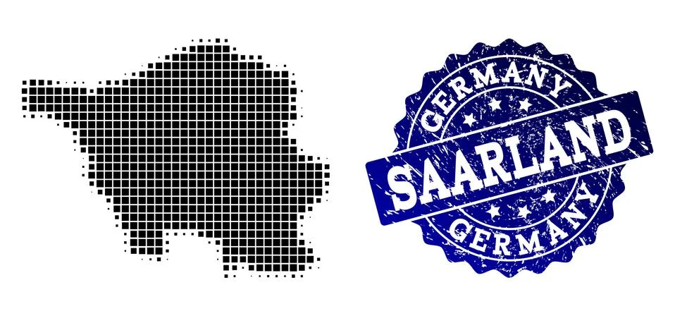 Composition of Halftone Dotted Map of Saarland State and Grunge Stamp Watermark Illustrazione stock
