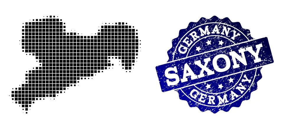 Composition of Halftone Dotted Map of Saxony State and Grunge Stamp Watermark 스톡 일러스트