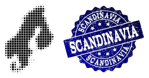 Composition of Halftone Dotted Map of Scandinavia and Grunge Stamp Watermark Stock Illustration