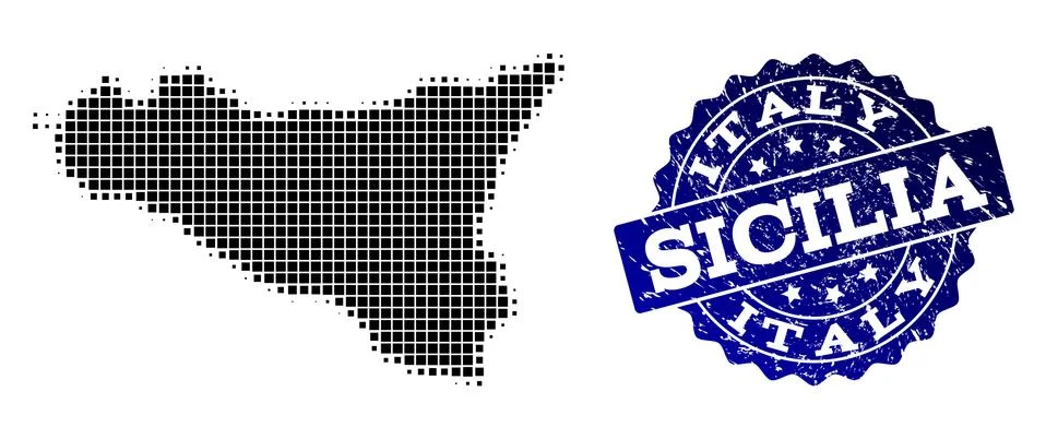 Composition of Halftone Dotted Map of Sicilia Island and Grunge Stamp Watermark 스톡 일러스트