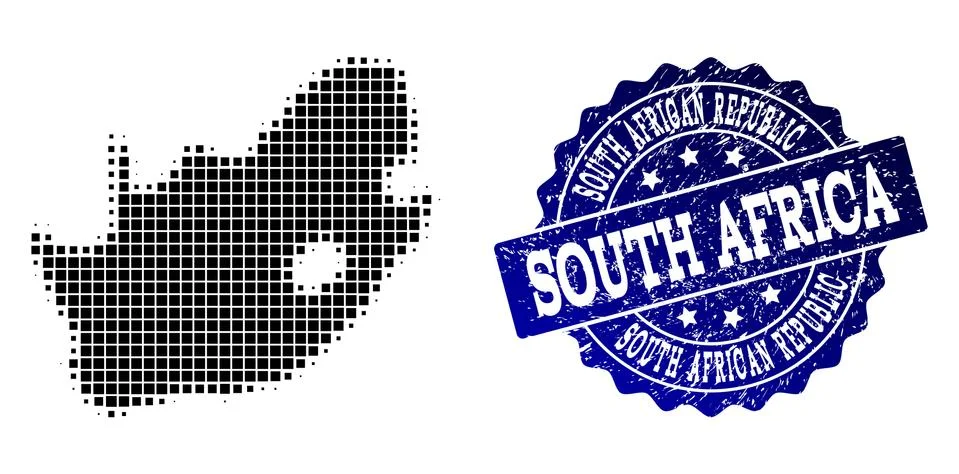 Composition of Halftone Dotted Map of South African Republic and Grunge Stamp 스톡 일러스트