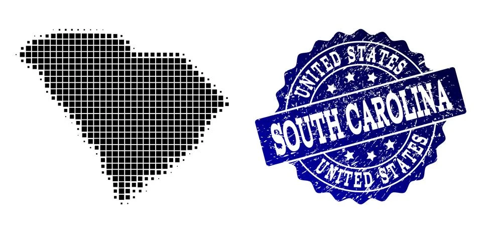 Composition of Halftone Dotted Map of South Carolina State and Grunge Stamp Illustrazione stock