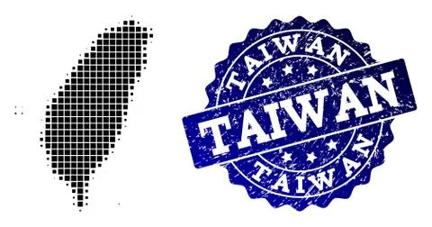 Composition of Halftone Dotted Map of Taiwan and Grunge Stamp Watermark Illustrazione stock