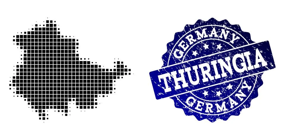 Composition of Halftone Dotted Map of Thuringia State and Grunge Stamp Watermark Illustrazione stock
