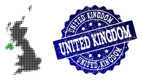 Composition of Halftone Dotted Map of United Kingdom and Grunge Stamp Watermark 스톡 일러스트