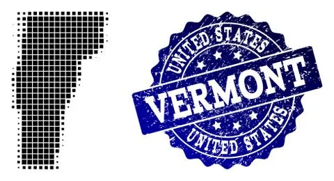 Composition of Halftone Dotted Map of Vermont State and Grunge Stamp Watermark Stock Illustration