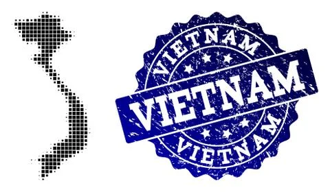 Composition of Halftone Dotted Map of Vietnam and Grunge Stamp Watermark 스톡 일러스트