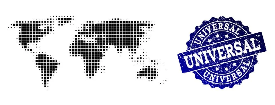 Composition of Halftone Dotted Map of World and Grunge Stamp Watermark Illustrazione stock
