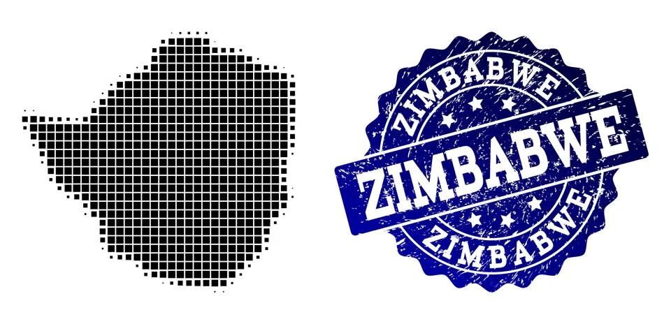 Composition of Halftone Dotted Map of Zimbabwe and Grunge Stamp Watermark Stock Illustration