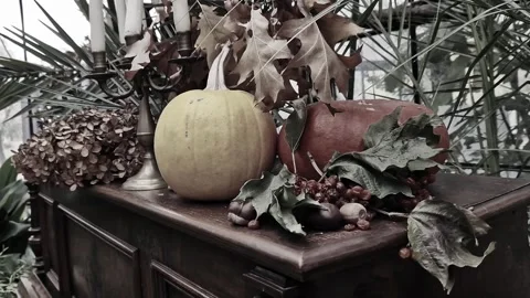 Composition for Halloween, pumpkins, candlestick, autumn leaves and berries Stock Footage 255434444