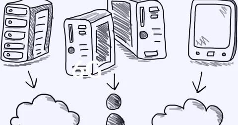 Composition of hand drawn computer servers with arrows and clouds on white Stock Illustration