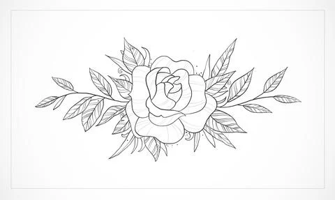 Composition with hand drawn rose flower and leaves isolated on white background Stock Illustration