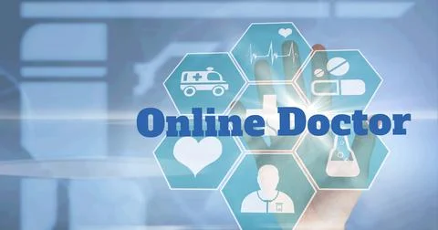 Composition of hand touching interactive screen with online doctor text and Illustrazione stock