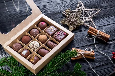 Composition handmade chocolates in the style of Raffaello Foto stock