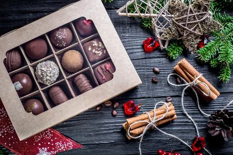Composition handmade chocolates in the style of Raffaello Stock Photos