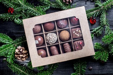 Composition handmade chocolates in the style of Raffaello Foto stock