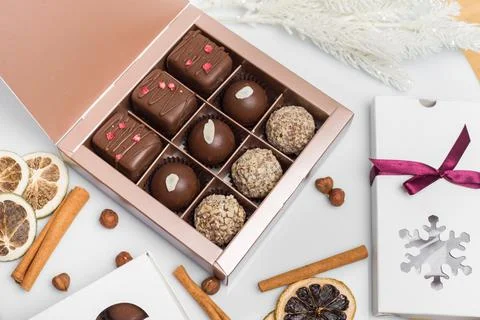 Composition handmade chocolates in the style of Raffaello Stock Photos