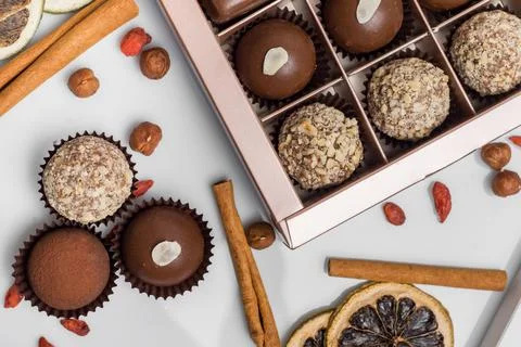 Composition handmade chocolates in the style of Raffaello Stock Photos