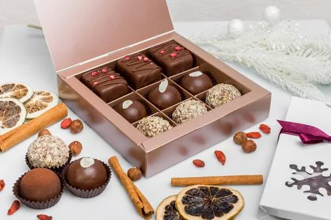 Composition handmade chocolates in the style of Raffaello Stock Photos