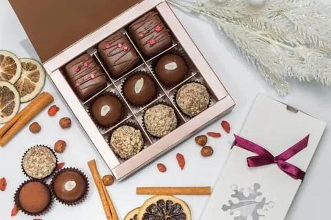 Composition handmade chocolates in the style of Raffaello Stock Photos