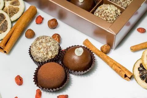 Composition handmade chocolates in the style of Raffaello Stock Photos