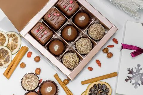 Composition handmade chocolates in the style of Raffaello Stock Photos