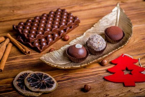 Composition handmade chocolates in the style of Raffaello Stock Photos