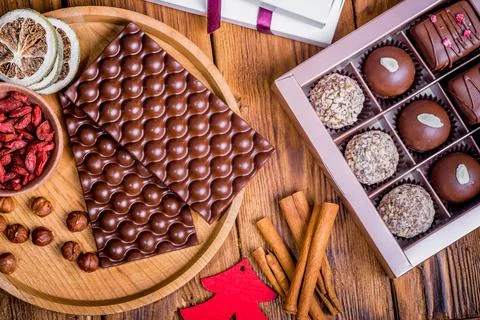 Composition handmade chocolates in the style of Raffaello Stock Photos