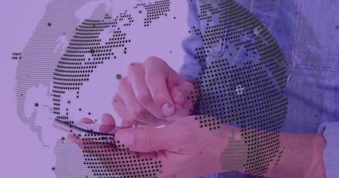 Composition of hands using smartphone over globe Ilustração Stock