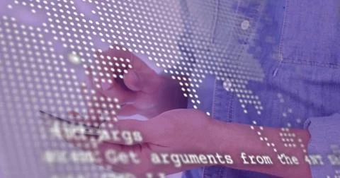 Composition of hands using smartphone over data processing Stock Illustration