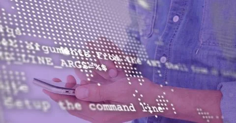 Composition of hands using smartphone over data processing Stock Illustration