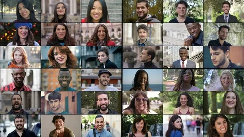 Composition on happiness, joy. Young different people smiling at camera Video stock 120935452