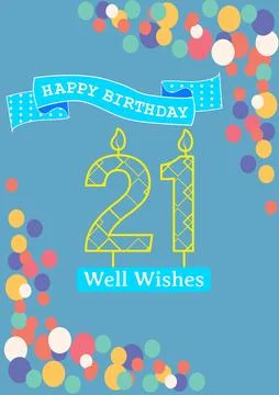 Composition of happy 21st birthday text over spots pattern on blue background Ilustração Stock