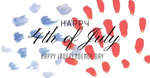 Composition of happy 4th july text, with paint dabs of red and blue of the Stock Illustration