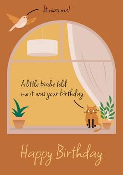 Composition of happy birthday text with cat and bird over window on orange Ilustração Stock