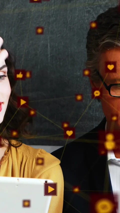 Composition of happy caucasian couple with spots of light over office Vídeo Stock 343615034
