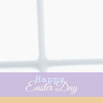Composition of happy easter day text on white blurred background with copy space Stock Photos