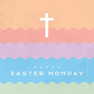 Composition of happy easter monday text over cross and colourful background Illustrazione stock
