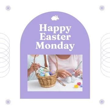 Composition of happy easter monday text over caucasian family painting easter Stock Illustration