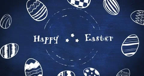 Composition of happy easter text and white decorated easter eggs on dark blue Stock Illustration