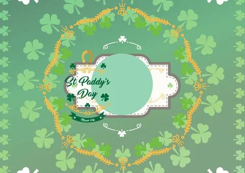 Composition of happy st paddy's day text on circle in frame with clover on green Stock Illustration