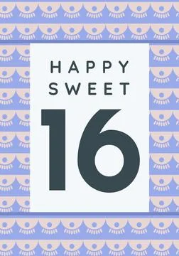 Composition of happy sweet 16 text, with repeated blue wave and dot pattern, on Stock Illustration