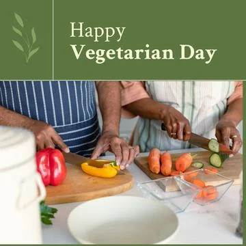 Composition of happy vegetarian day text over african american couple cooking in Fotos Stock