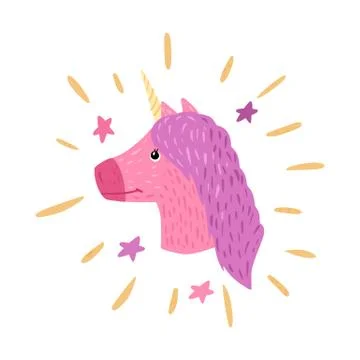Composition head unicorn white radiance and stars on white background. Cartoo Stock Illustration