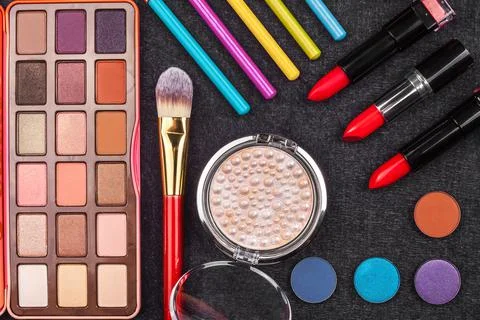 Composition of healthy cosmetics on gray background Stock Photos