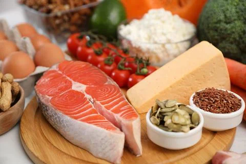 Composition with healthy food on white table. Keto diet Foto stock