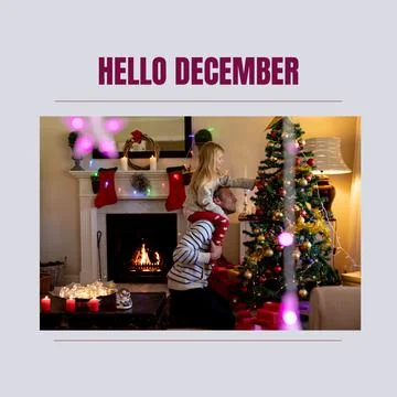 Composition of hello december text over caucasian father and daughter at Fotos Stock