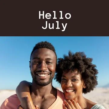 Composition of hello july text over african american couple on beach Fotos Stock