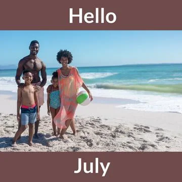 Composition of hello july text over african american couple with son and Fotos Stock