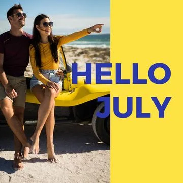 Composition of hello july text over caucasian couple sitting on car on beach Fotos Stock